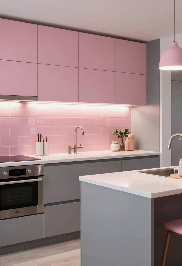 16 Pink Kitchen Tiles Ideas With Playful Energy - 6. Pink and Gray Combo for a Modern Twist 1