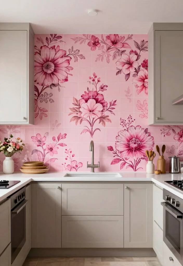 16 Pink Kitchen Tiles Ideas With Playful Energy - 8. Artistic Pink Tile Murals 1