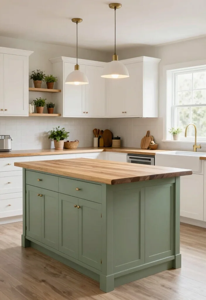 17 Green Kitchen Island White Cabinets Ideas With Trendy Balance - 1. Sage Green Island with Shaker Style White Cabinets 1