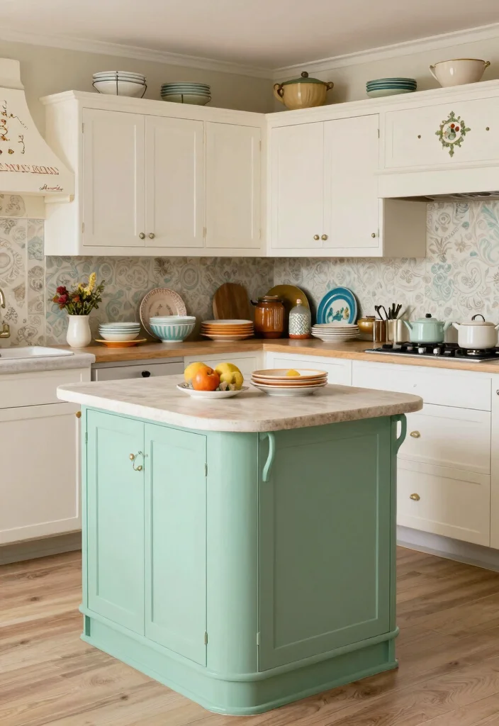 17 Green Kitchen Island White Cabinets Ideas With Trendy Balance - 10. Seafoam Island with Vintage White Cabinets 1