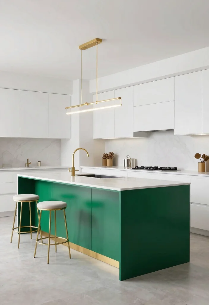 17 Green Kitchen Island White Cabinets Ideas With Trendy Balance - 11. Emerald Green Island with Bright White Minimalism 1