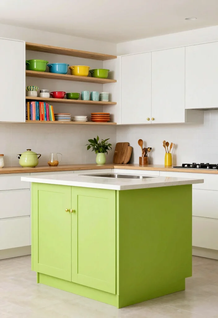 17 Green Kitchen Island White Cabinets Ideas With Trendy Balance - 12. Key Lime Island with Open Shelving White Cabinets 1
