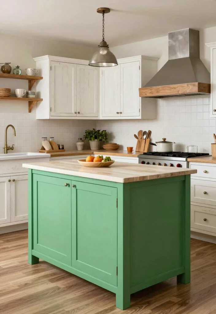 17 Green Kitchen Island White Cabinets Ideas With Trendy Balance - 13. Bright Green Island with Rustic White Farmhouse Cabinets 1