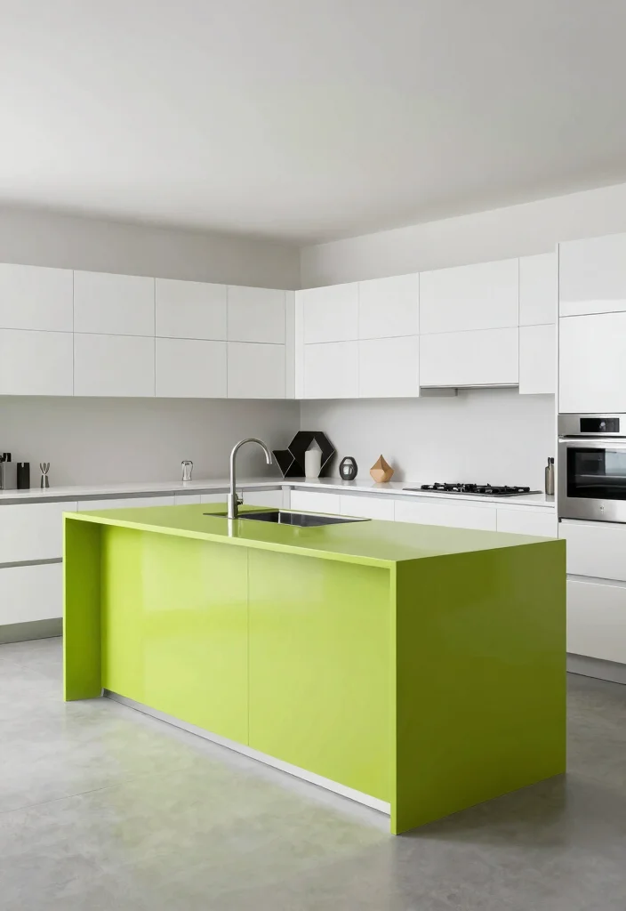 17 Green Kitchen Island White Cabinets Ideas With Trendy Balance - 14. Lime Green Island with Chic White Cabinets 1
