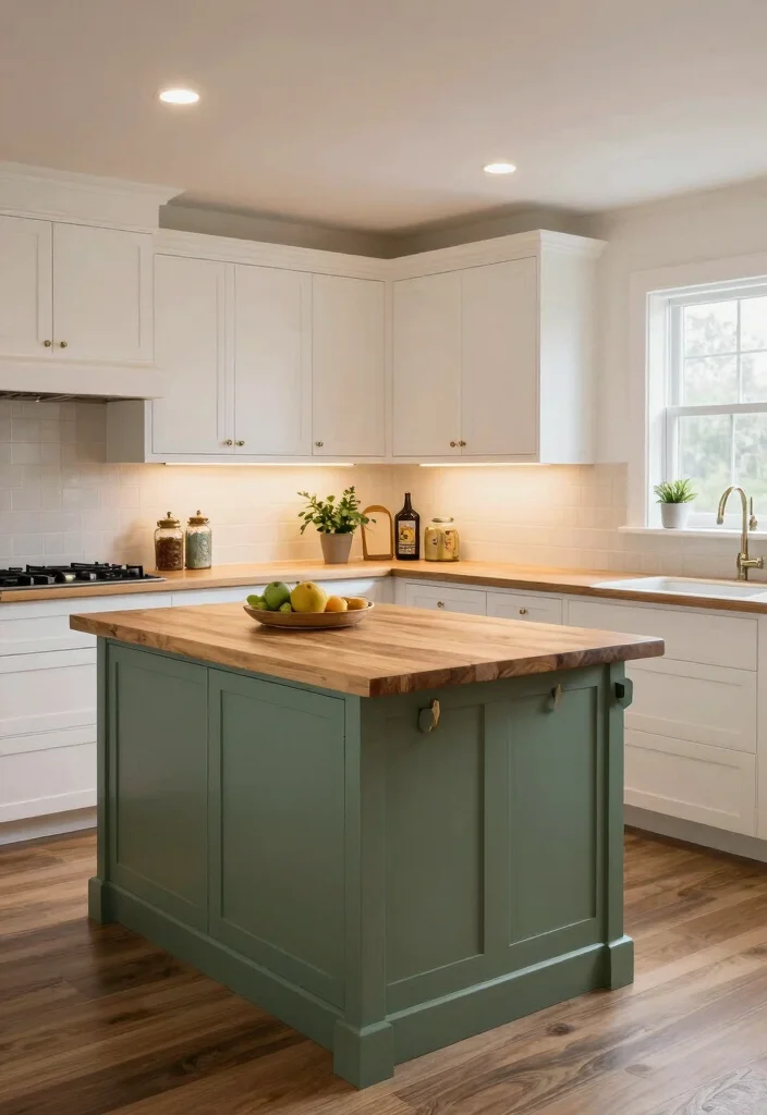 17 Green Kitchen Island White Cabinets Ideas With Trendy Balance - 15. Pine Green Island with White Shaker Cabinets 1