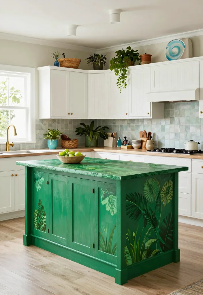 17 Green Kitchen Island White Cabinets Ideas With Trendy Balance - 16. Jungle Green Island with Coastal White Cabinets 1