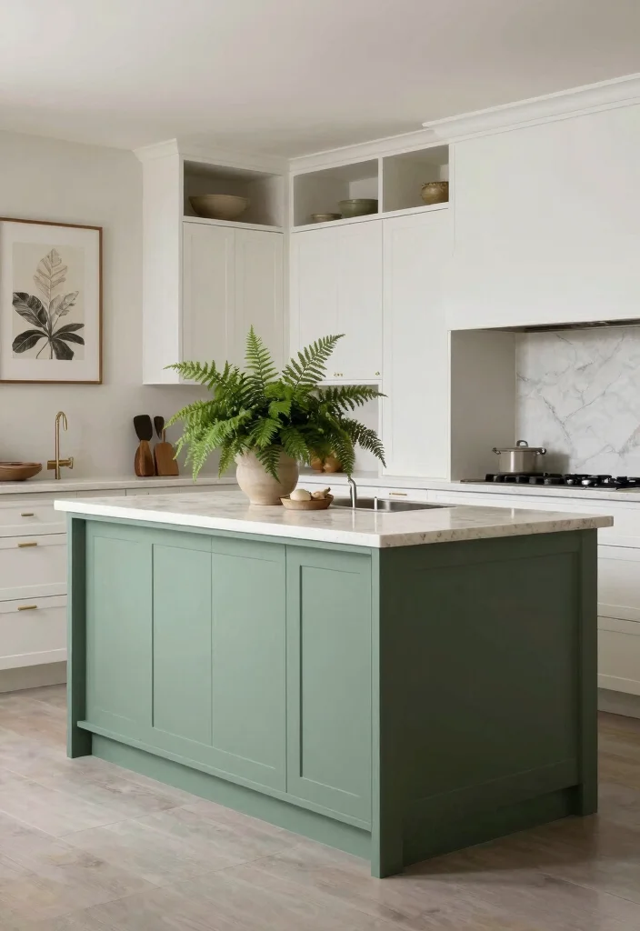 17 Green Kitchen Island White Cabinets Ideas With Trendy Balance - 17. Fern Green Island with Elegant White Cabinets 1
