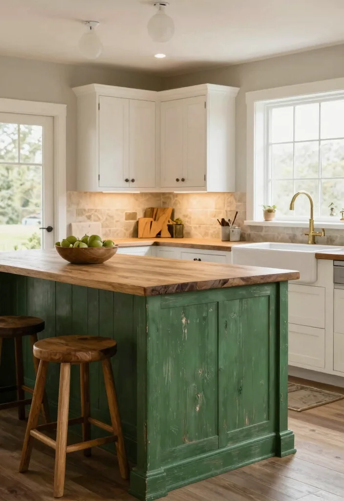 17 Green Kitchen Island White Cabinets Ideas With Trendy Balance - 2. Forest Green Island with Rustic White Accents 1