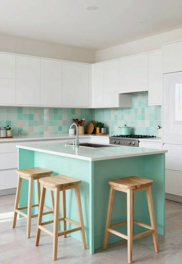 17 Green Kitchen Island White Cabinets Ideas With Trendy Balance - 3. Mint Green Island with Glossy White Cabinets 1