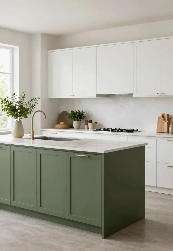 17 Green Kitchen Island White Cabinets Ideas With Trendy Balance - 4. Olive Green Island with Contemporary White Cabinets 1