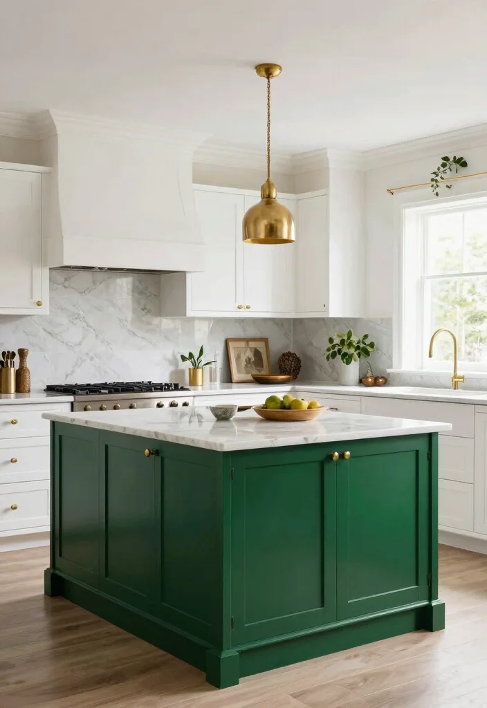 17 Green Kitchen Island White Cabinets Ideas With Trendy Balance - 5. Dark Green Island with Bright White Cabinets 1