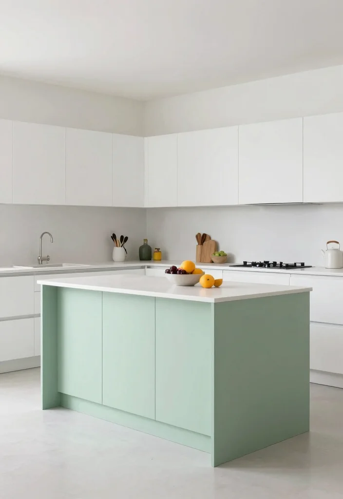 17 Green Kitchen Island White Cabinets Ideas With Trendy Balance - 6. Light Green Island with Minimalist White Cabinets 1