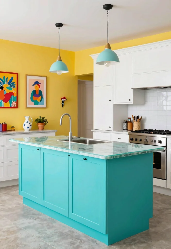 17 Green Kitchen Island White Cabinets Ideas With Trendy Balance - 7. Turquoise Island with Classic White Cabinets 1