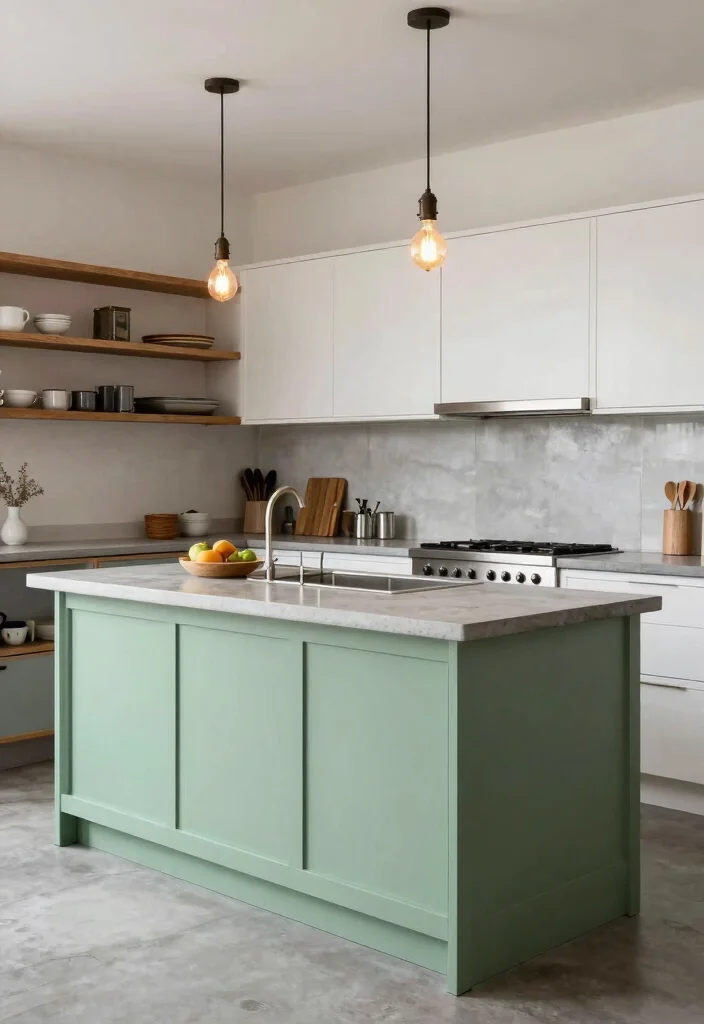 17 Green Kitchen Island White Cabinets Ideas With Trendy Balance - 8. Soft Green Island with Industrial White Cabinets 1