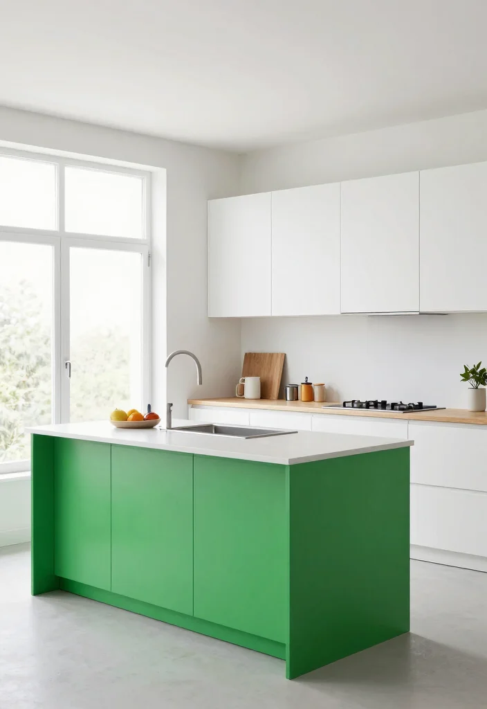 17 Green Kitchen Island White Cabinets Ideas With Trendy Balance - 9. Chartreuse Island with Scandinavian White Cabinets 1