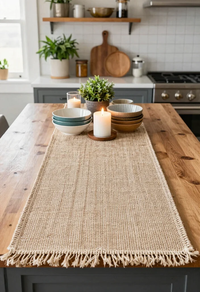17 Kitchen Island Centerpiece Ideas That Elevate Everyday Style 15 17 Kitchen Island Centerpiece Ideas That Elevate Everyday Style - 15. Textured Runner with Accessories 1