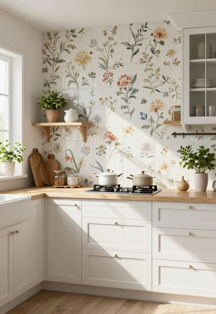 17 Kitchen Wall Tiles Backsplash Ideas With Stylish Detail - 15. Rustic Floral Pattern Tiles 1