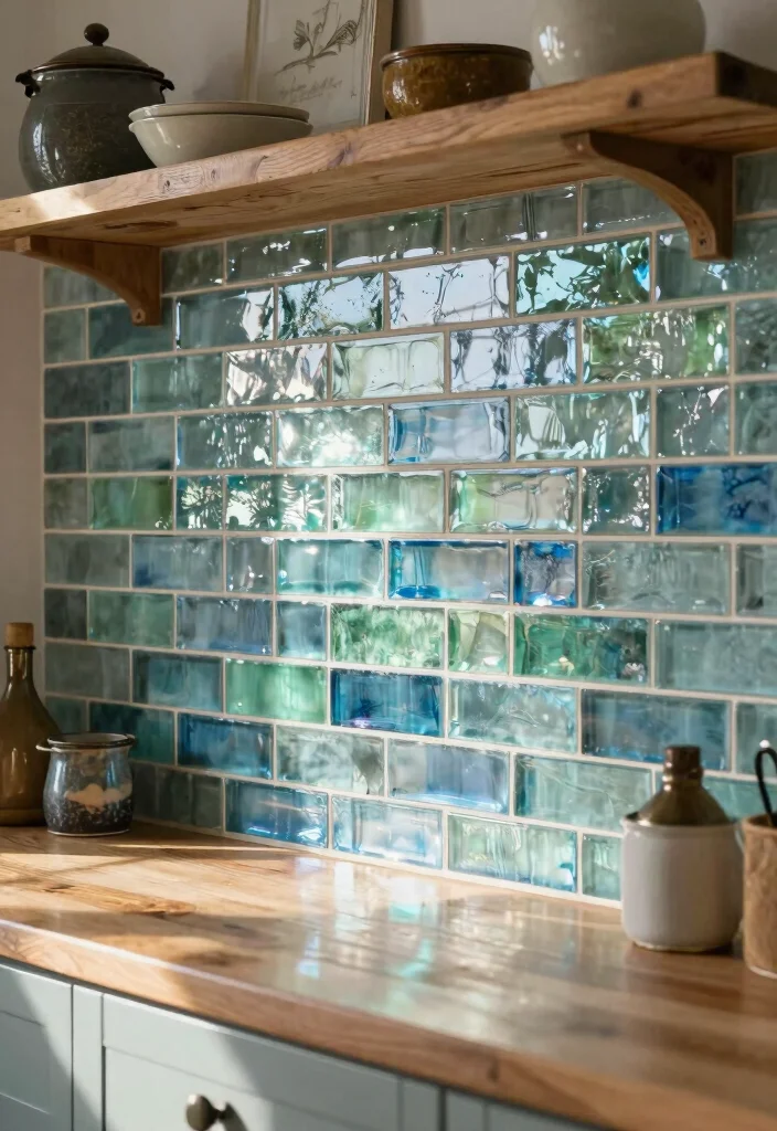 17 Kitchen Wall Tiles Backsplash Ideas With Stylish Detail - 9. Shimmering Glass Tiles 1