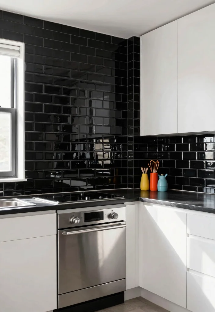 18 Black Tile Backsplash Kitchen Ideas With Dramatic Style - 1. Glossy Black Subway Tiles 1
