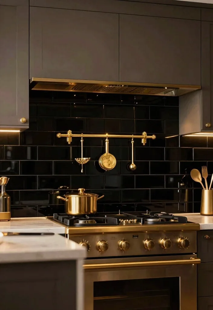 18 Black Tile Backsplash Kitchen Ideas With Dramatic Style - 10. Black Tile with Gold Accents 1