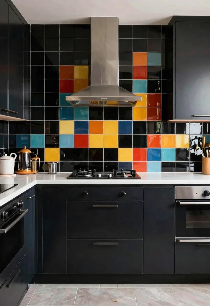18 Black Tile Backsplash Kitchen Ideas With Dramatic Style - 11. Black Tiles with Colorful Insets 1