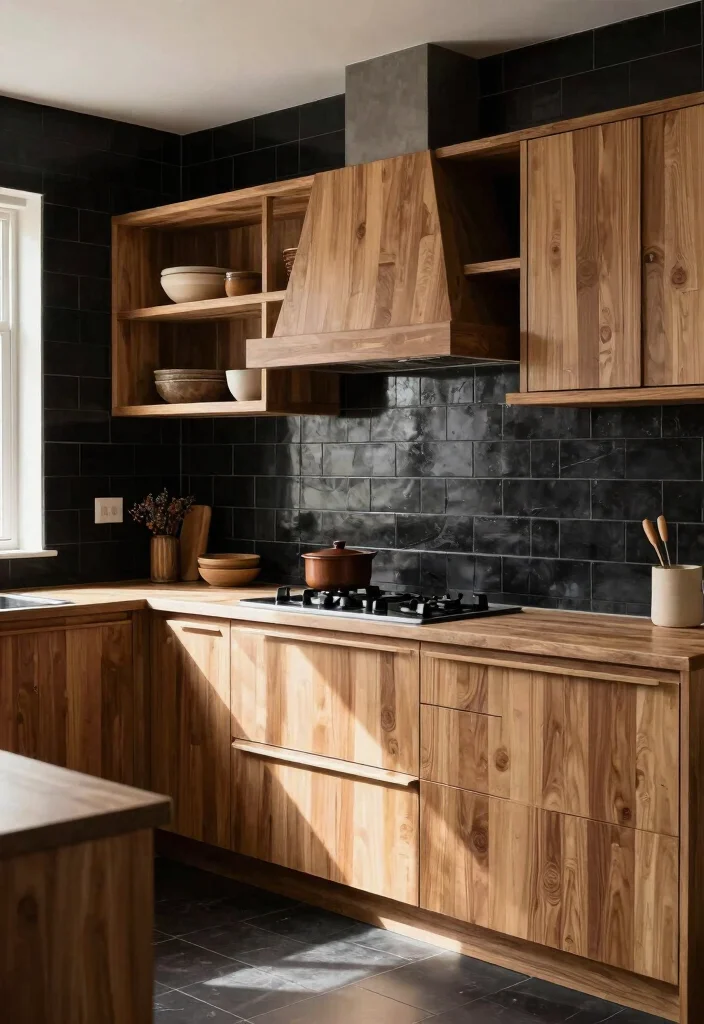 18 Black Tile Backsplash Kitchen Ideas With Dramatic Style - 13. Black and Natural Wood Combo 1
