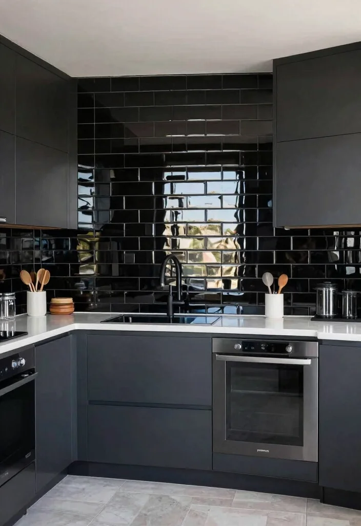 18 Black Tile Backsplash Kitchen Ideas With Dramatic Style - 15. Black Tile with a Glossy Finish 1
