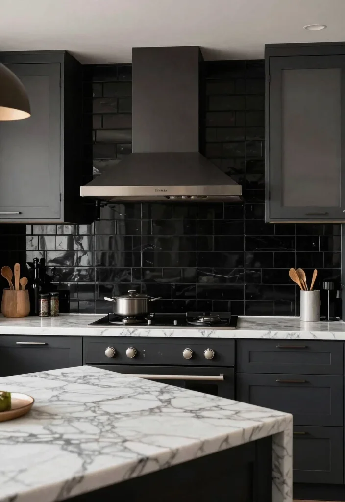 18 Black Tile Backsplash Kitchen Ideas With Dramatic Style - 16. Black and Marble Fusion 1
