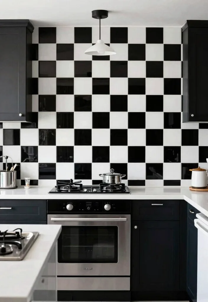 18 Black Tile Backsplash Kitchen Ideas With Dramatic Style - 8. Black and White Checkerboard 1