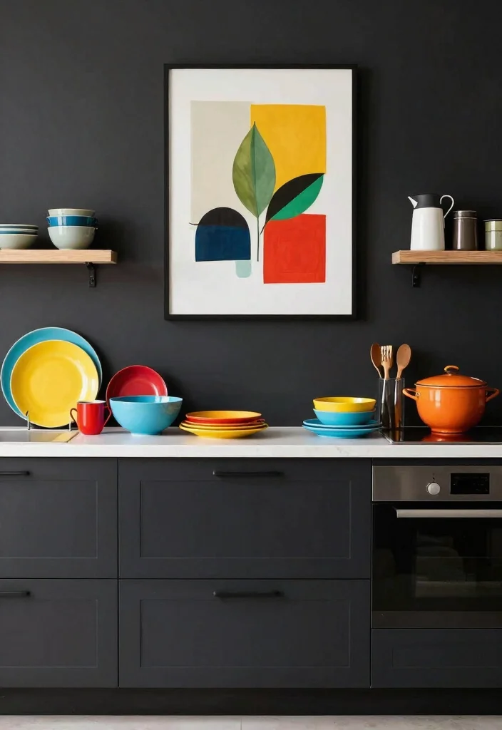18 Kitchen Dark Cabinets Ideas With Bold Sophistication - 7. Infuse Color with Accessories 1