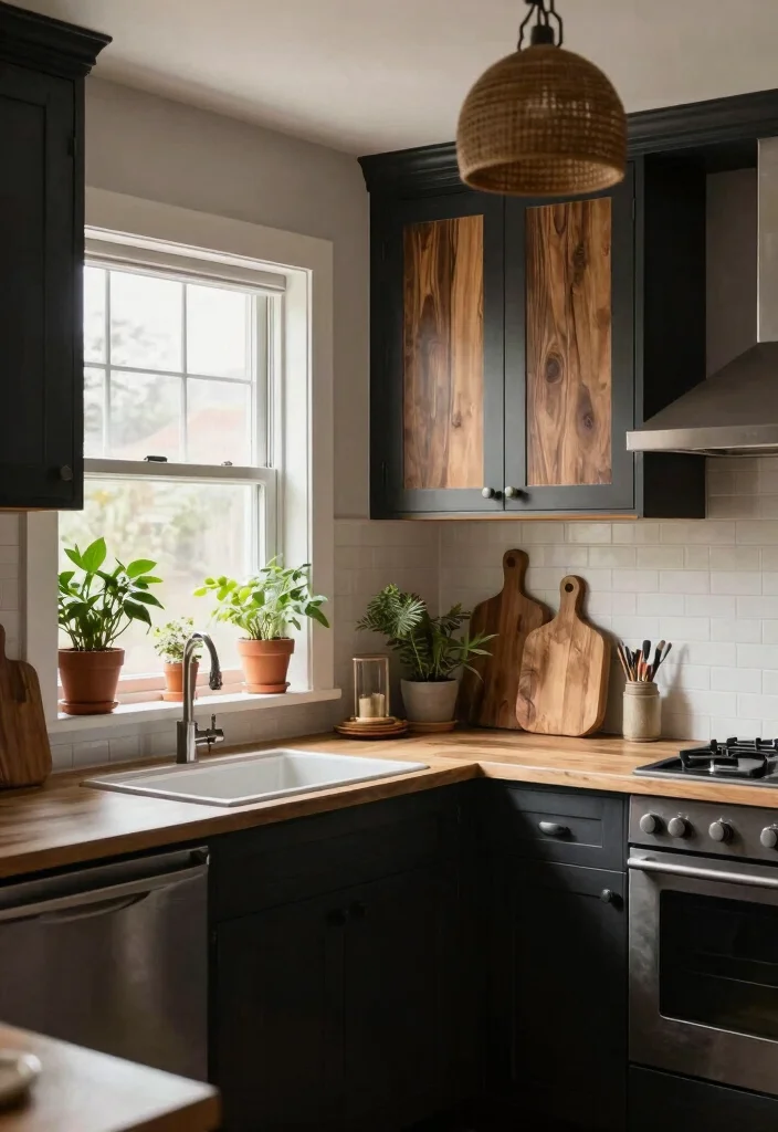 18 Kitchen Dark Cabinets Ideas With Bold Sophistication - 8. Add Natural Elements 1
