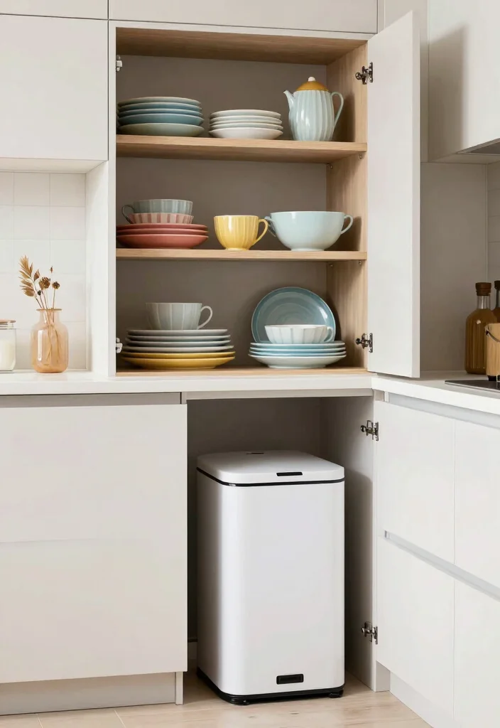 18 Kitchen Trash Can Cabinet Ideas That Hide Clutter 15 18 Kitchen Trash Can Cabinet Ideas That Hide Clutter - 15. Open Shelving with a Concealed Trash Can 1