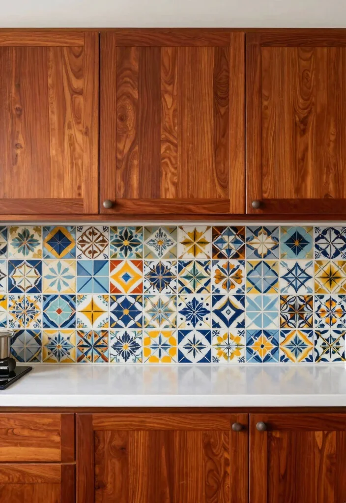 18 Modern Cherry Cabinets Kitchen Ideas With Rich Tone - 11. Combining Cherry Wood with Bold Tiles 1