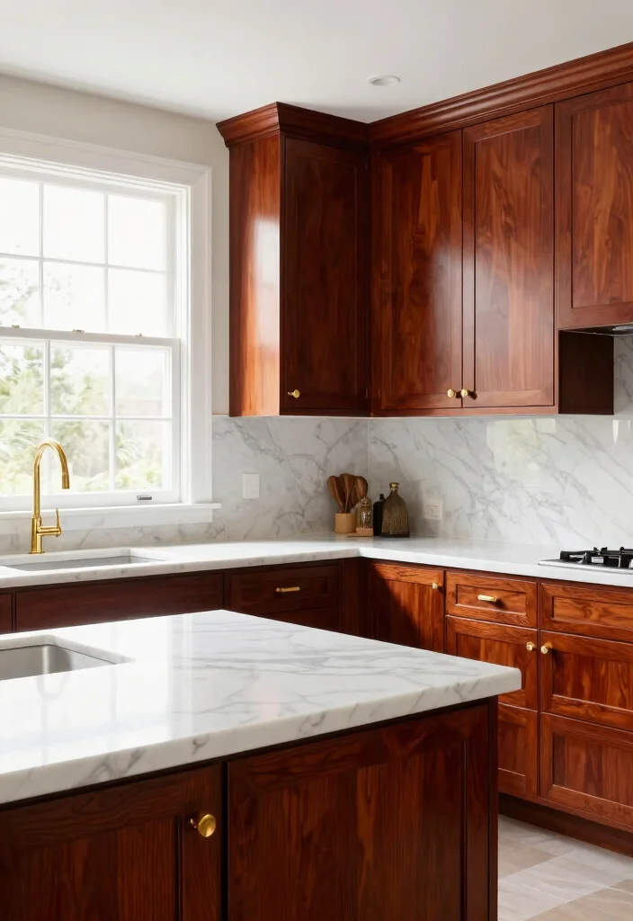 18 Modern Cherry Cabinets Kitchen Ideas With Rich Tone - 8. Cherry Cabinets with White Marble Countertops 1