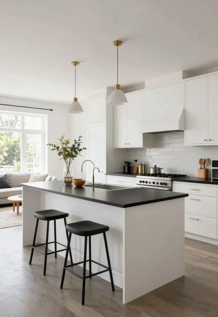 18 White Kitchen With Black Countertops Ideas With Striking Contrast - 11. Open Concept Layout 1