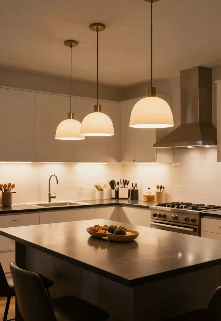 18 White Kitchen With Black Countertops Ideas With Striking Contrast - 12. Layered Lighting 1