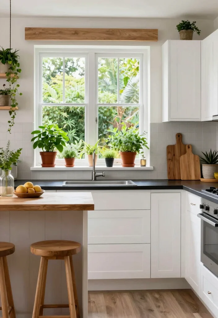 18 White Kitchen With Black Countertops Ideas With Striking Contrast - 15. Outdoor Elements 1