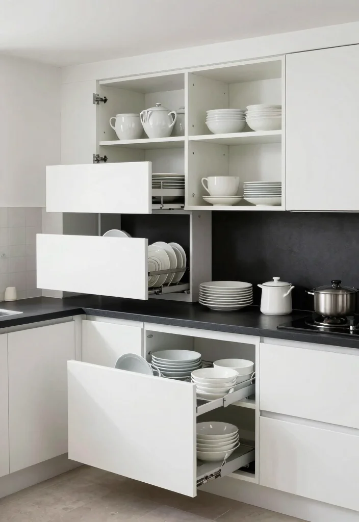 18 White Kitchen With Black Countertops Ideas With Striking Contrast - 8. Smart Storage Solutions 1