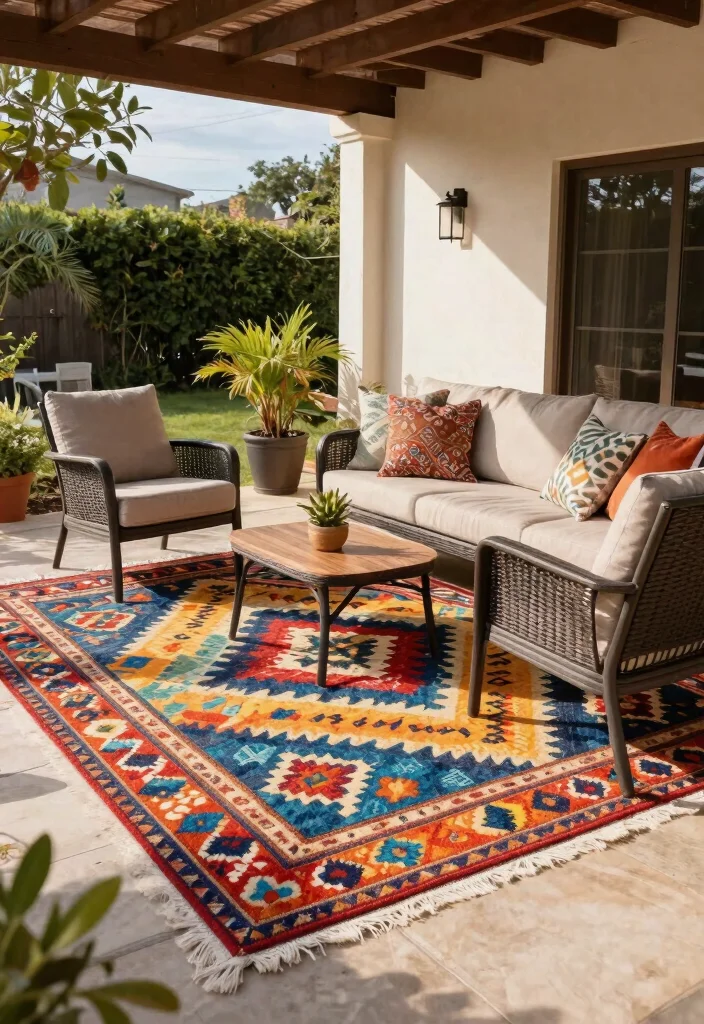 12 Covered Patio Decorating Ideas That Feel Like an Extra Room - 5. Outdoor Rug Charm 1