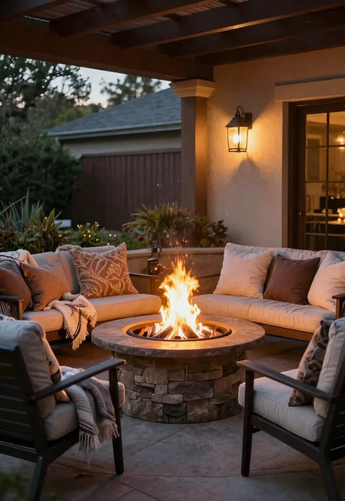 12 Covered Patio Decorating Ideas That Feel Like an Extra Room - 6. Cozy Fire Pit Corner 1