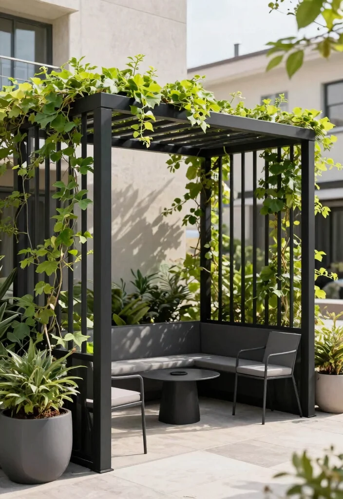 12 Half Pergola Ideas for Small Yards and Tight Budgets - 2. Minimalist Metal Structure 1