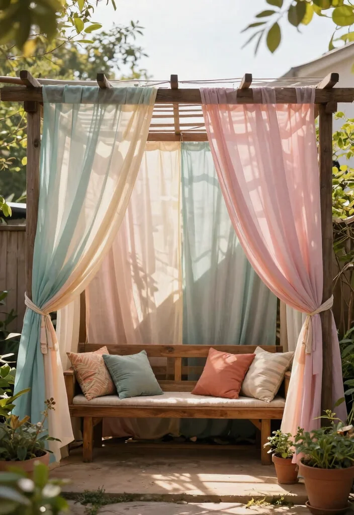 12 Half Pergola Ideas for Small Yards and Tight Budgets - 4. Half Pergola with Fabric Drapes 1