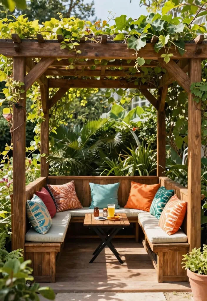 12 Half Pergola Ideas for Small Yards and Tight Budgets - 5. Half Pergola with Integrated Seating 1