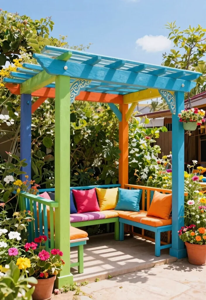 12 Half Pergola Ideas for Small Yards and Tight Budgets - 8. Colorful Painted Pergola 1