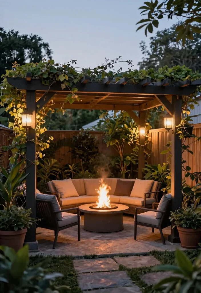 12 Half Pergola Ideas for Small Yards and Tight Budgets - 9. Half Pergola with Fire Pit 1