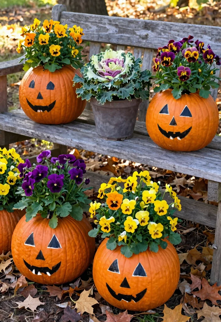 12 Halloween Decor Idea Outdoor Setups That Scare on a Budget - 1. Spooky Pumpkin Planters 1
