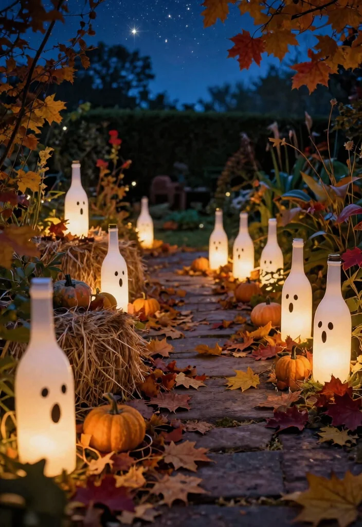 12 Halloween Decor Idea Outdoor Setups That Scare on a Budget - 2. Ghostly Wine Bottle Luminaries 1