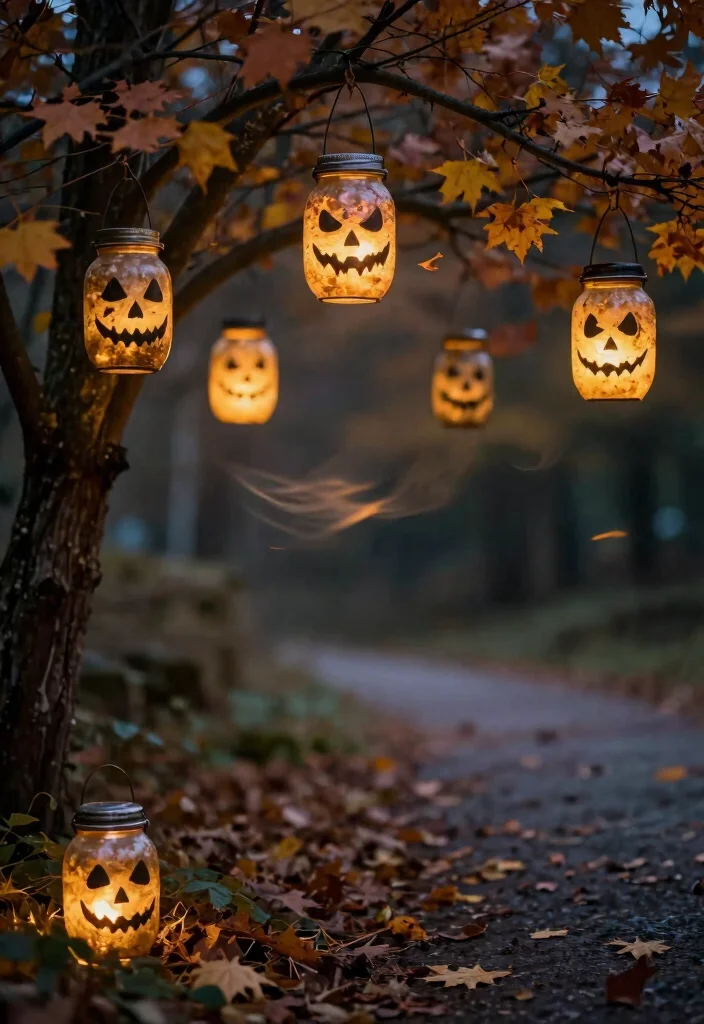 12 Halloween Decor Idea Outdoor Setups That Scare on a Budget - 6. Eerie Lanterns from Recycled Jars 1