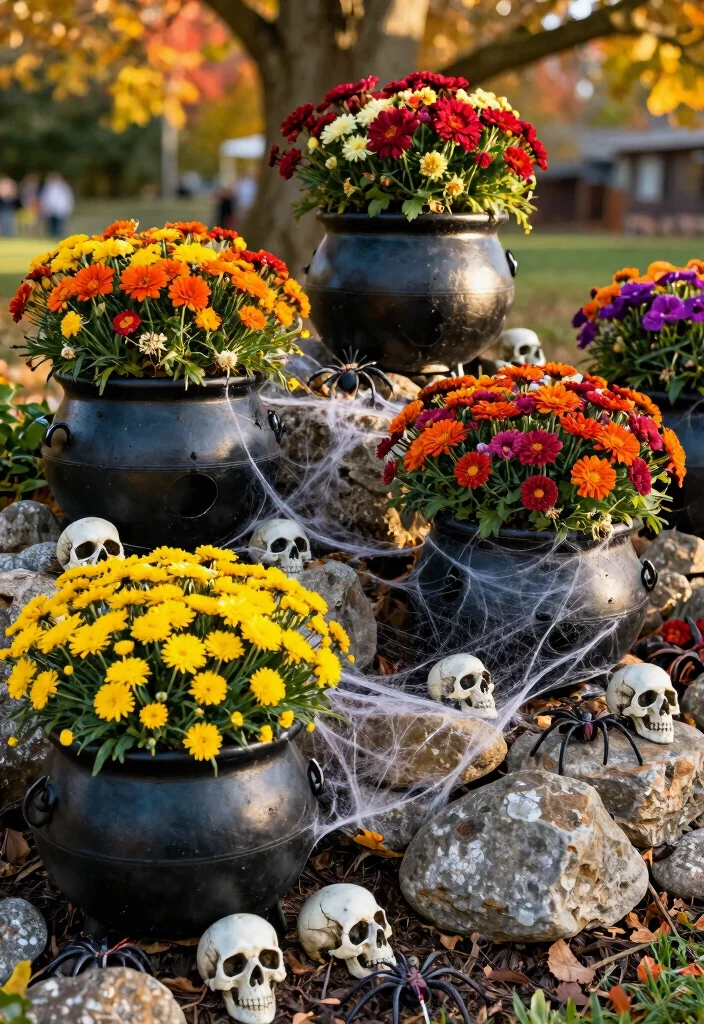 12 Halloween Decor Idea Outdoor Setups That Scare on a Budget - 8. Mysterious Cauldron Planters 1