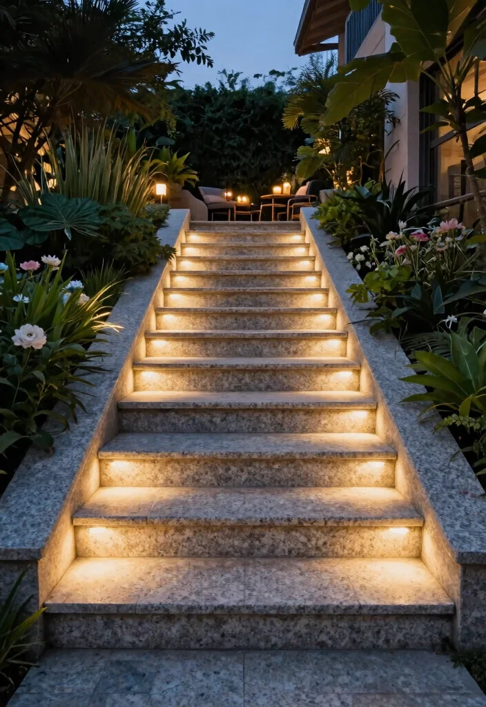 12 Outdoor Granite Flooring Design Ideas That Handle Weather - 7. Granite Steps with Integrated Lighting 1